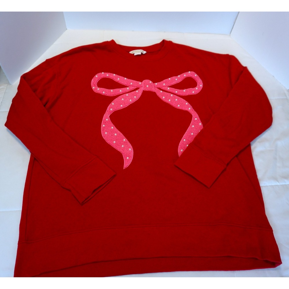 Shiraleah Chicago Red Bow Pearl Embellished Sweatshirt XL Pink Applique Pullover